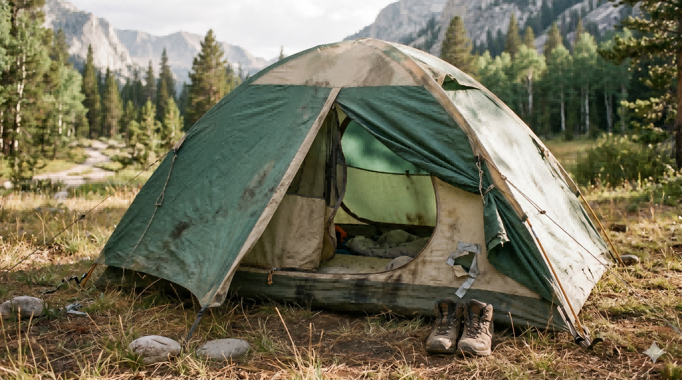 A heavily worn camping tent in the field, illustrating how dirt, weathering, and long-term exposure gradually reduce tent lifespan